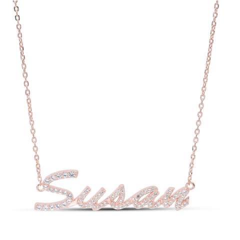 Sapphire set Sript Name Necklace in Rose Gold plated Sterling Silver