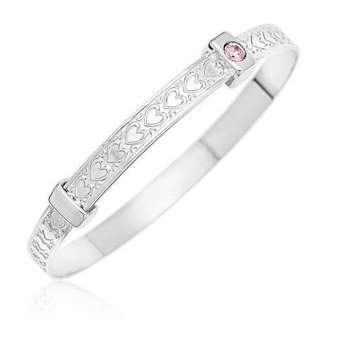 Baby Bangle Bracelet  heart design and Pink Stone in Sterling Silver 925.