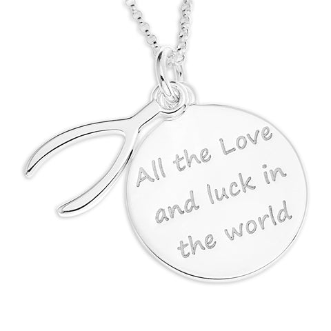 WISHBONE CHARM OVER ROUND MESSAGE DISC PENDENT  - STERLING SILVER