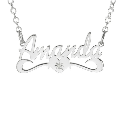 NAME NECKLACE WITH SCROLL AND DIAMOND - STERLING SILVER