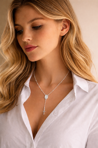 Rosary Miraculous Medal Necklace, Sterling Silver Catholic, Virgin Mary Jewelry, Religious Gift for Women