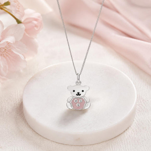 Sterling Silver Pink Enamel Crystal Set Teddy Bear Pendant 18" Chain kids Gift