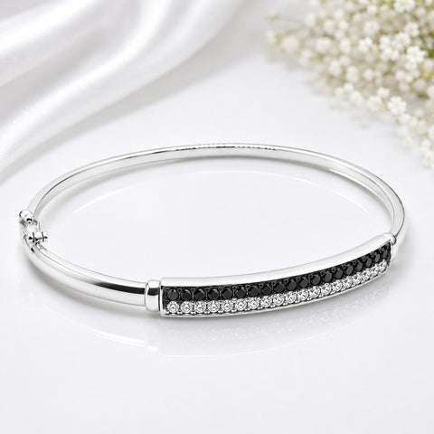 Cubic Zirconia set Sterling Silver 925 Cuff Bracelet Bangle female gift black cz