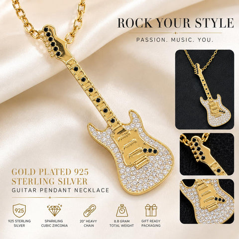 Gold Plated 925 Sterling Silver CZ Guitar Pendant Necklace 20" Chain