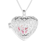 Filigree Vintage Heart floating Pink crystal Locket Pendent Necklace 925 Silver Mothers gift