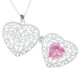 Filigree Vintage Heart floating Pink crystal Locket Pendent Necklace 925 Silver Mothers gift