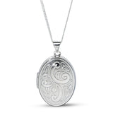 Sterling Silver Oval Locket Necklace – Vintage Engraved Photo Pendant Rhodium plated