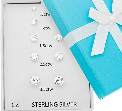 Cubic Zirconia Stud Earrings Gift Set – 5 Pairs in Genuine Sterling Silver