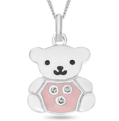 Teddy Bear Pendant Sterling Silver Pink Enamel Crystal Set 18" Chain Kids Gift