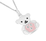 Teddy Bear Pendant Sterling Silver Pink Enamel Crystal Set 18" Chain Kids Gift