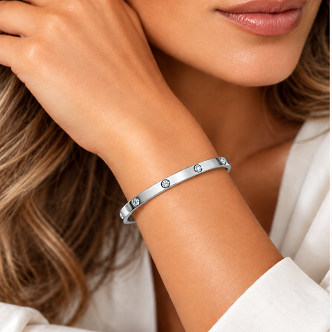 Silver IP Plated Stainless Steel CZ Bangle Bracelet – Diamond Look Hinged Cuff