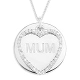 MUM DISC WITH STONE SET HEART PENDENT - STERLING SILVER
