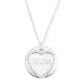 MUM DISC WITH STONE SET HEART PENDENT - STERLING SILVER