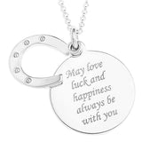 HORSESHOE CHARM OVER ROUND MESSAGE DISC PENDENT  - STERLING SILVER